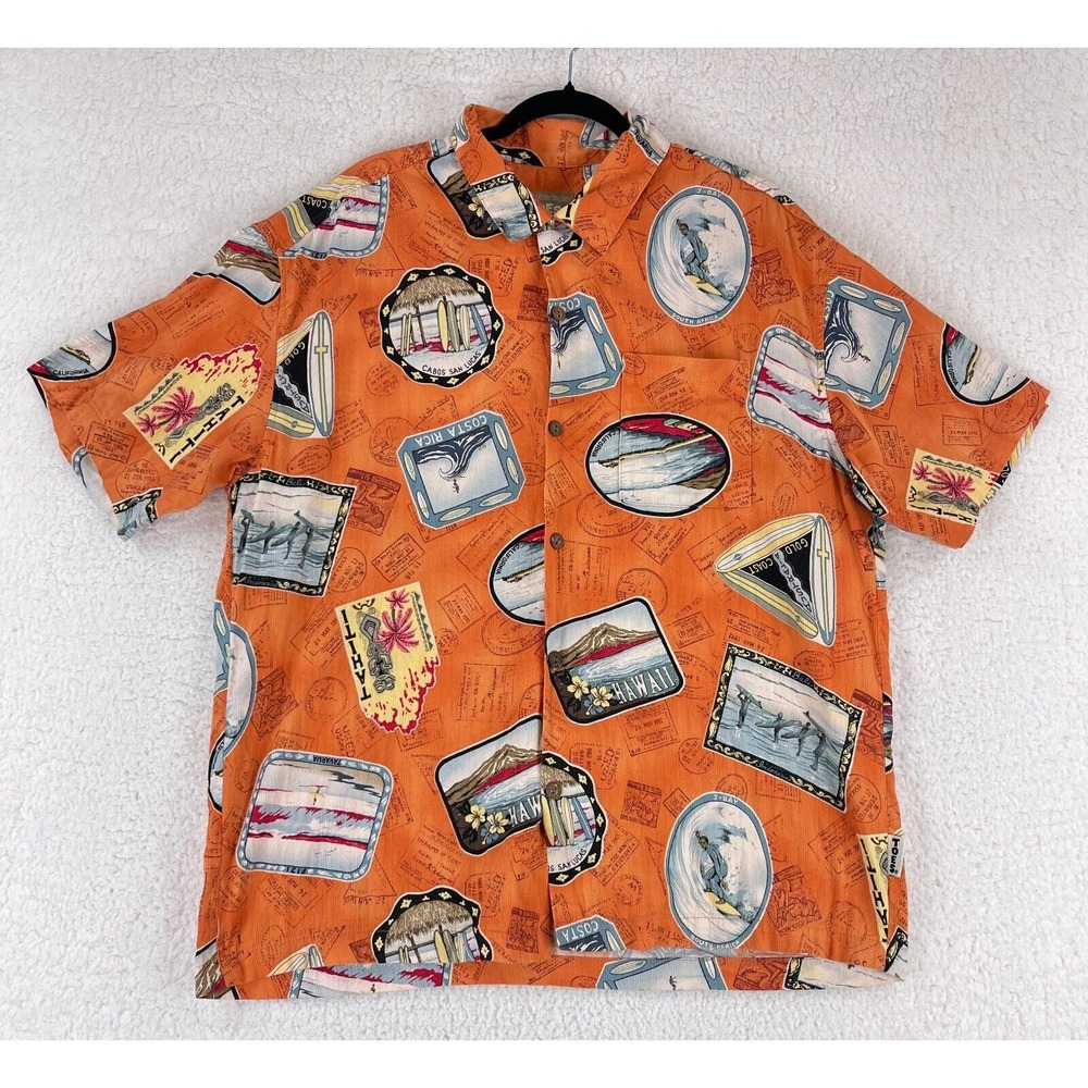 Toes on the Nose Orange Tiki Hawaiian Shirt‎ Mens Button-Up Casual Size Large